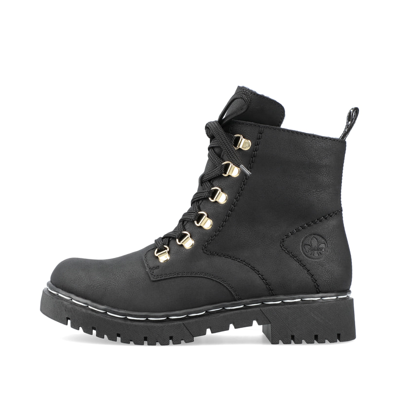 
Tiefschwarze Rieker Damen Biker Boots Y2422-00 mit einer robusten Profilsohle. Schuh Außenseite