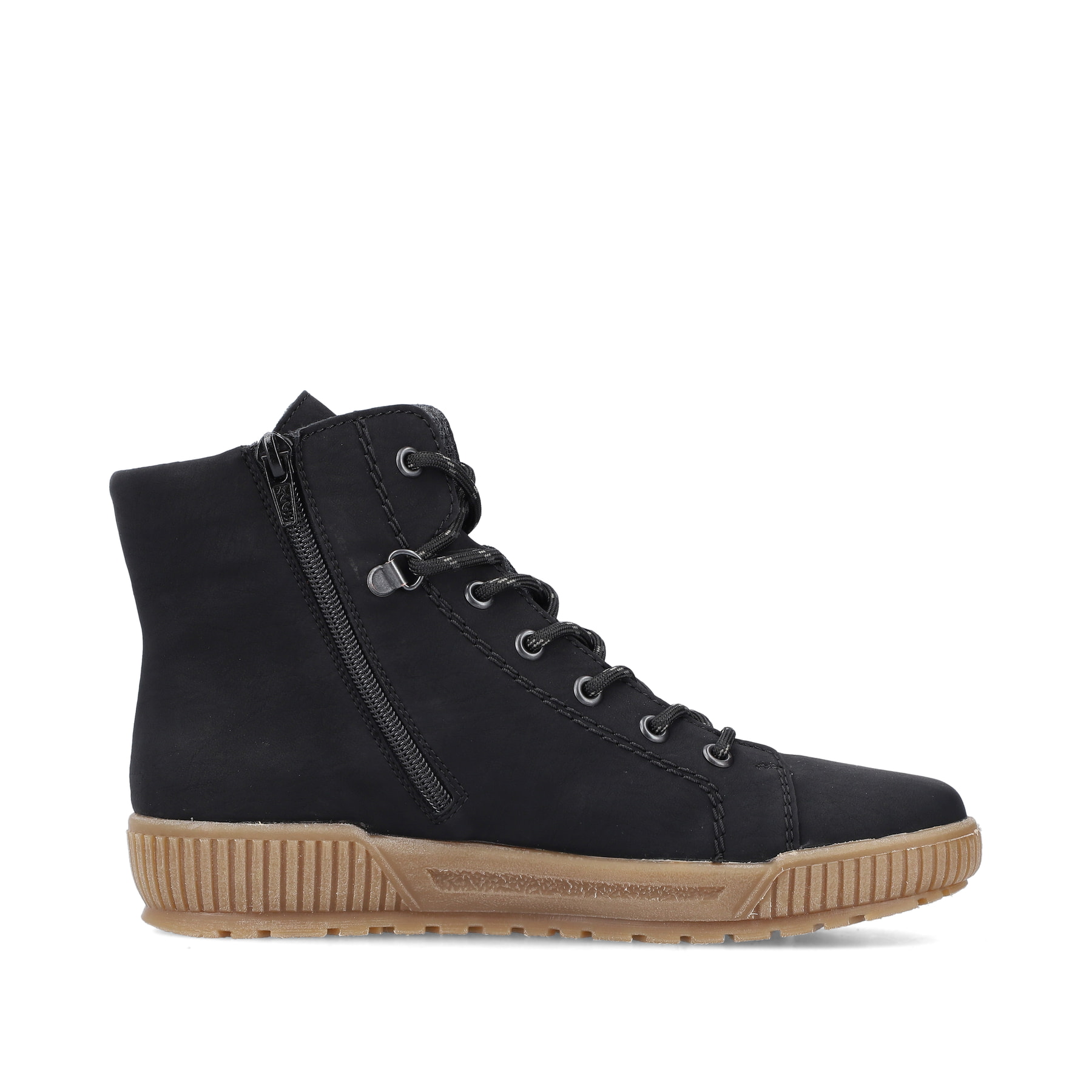 Schwarze Rieker Damen Schnürstiefel N0730-00 mit einem Reißverschluss. Schuh von hinten.