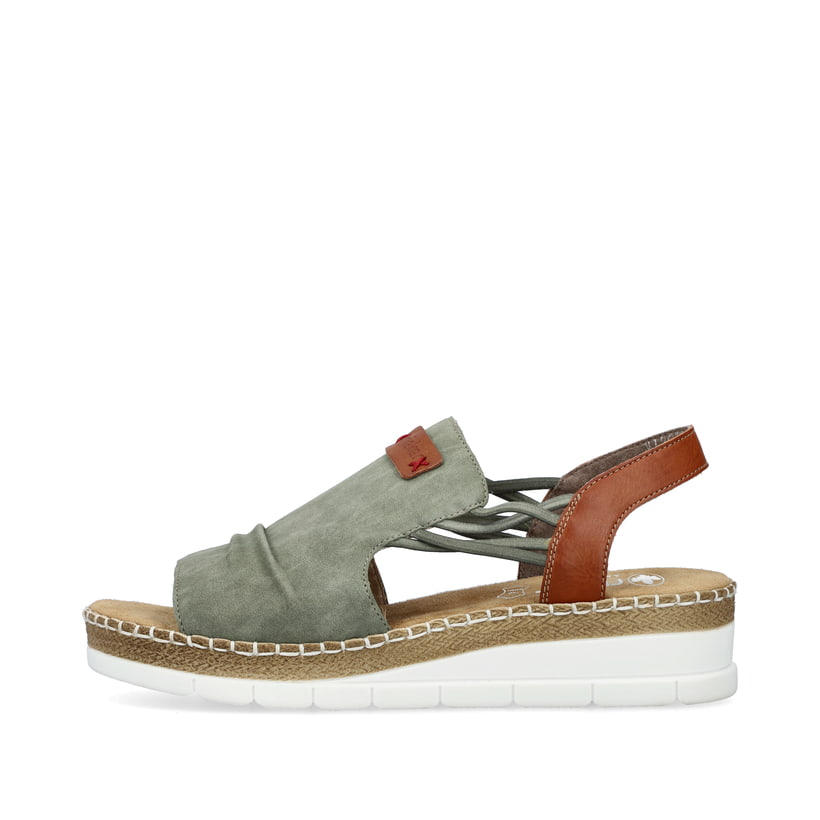 Grüne Rieker Keilsandaletten V1261-52 mit modischen Raffungen sowie Gummizug. Schuh Außenseite.