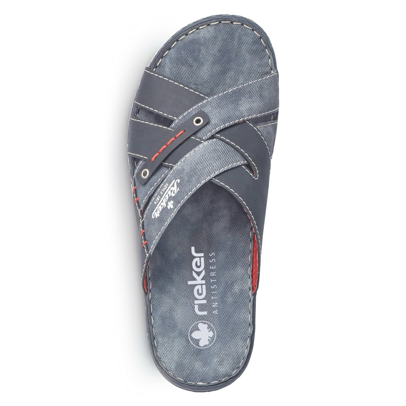 Blaue Rieker Herren Pantoletten 21099-15 mit der Komfortweite G. Schuh von oben.