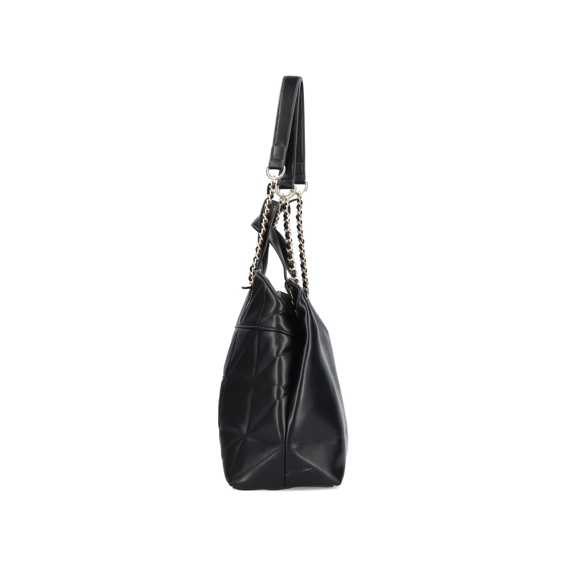 Rieker Shopper H1610-00 in Schwarz mit goldener verflochtener Kette, Reißverschluss und Innenfach. Linksseitig.