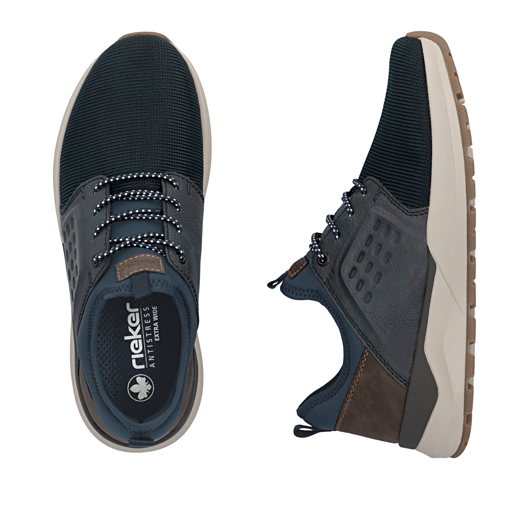 Dunkelblau-braune Rieker Herren Slipper 06058-14 mit Gummizug sowie Extraweite H. Schuh von oben, liegend.