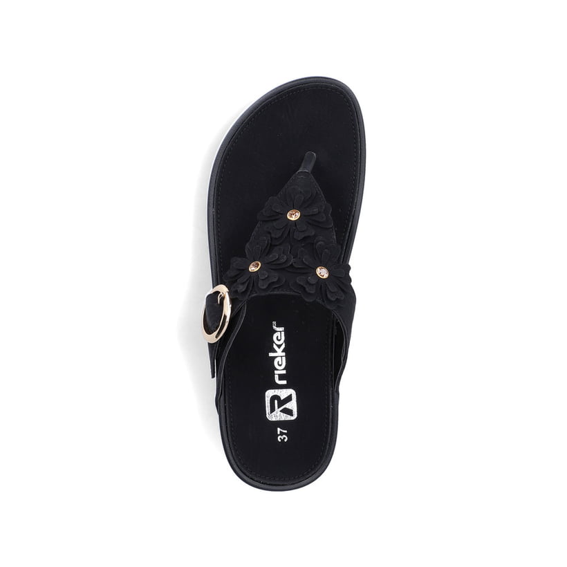Schwarze vegane Rieker Damen Zehentrenner V1466-00 mit dekorativer Blume. Schuh von oben.