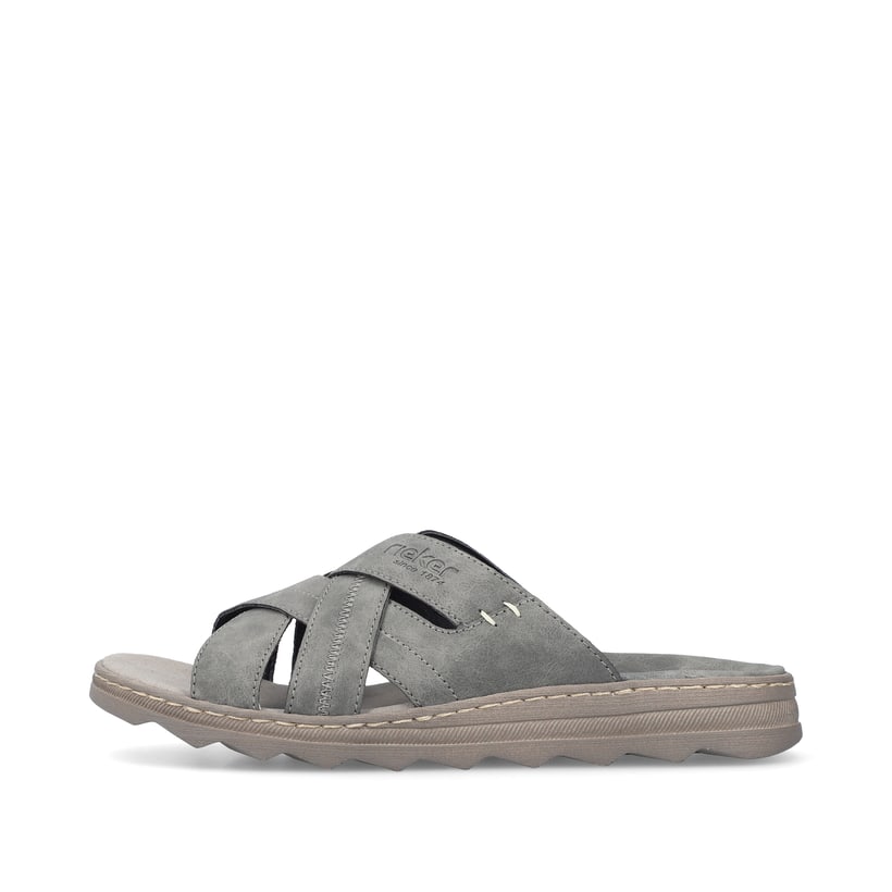 Graue Rieker Herren Pantoletten 21690-45 mit Komfortweite G sowie leichter Sohle. Schuh Außenseite.