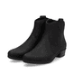 Nachtschwarze Rieker Damen Stiefeletten Y0762-00 mit einem Reißverschluss. Schuhpaar seitlich schräg.