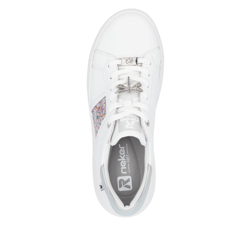 Baskets basses Rieker blanches pour femme W1202-83 avec lacets. Chaussure vue de dessus.