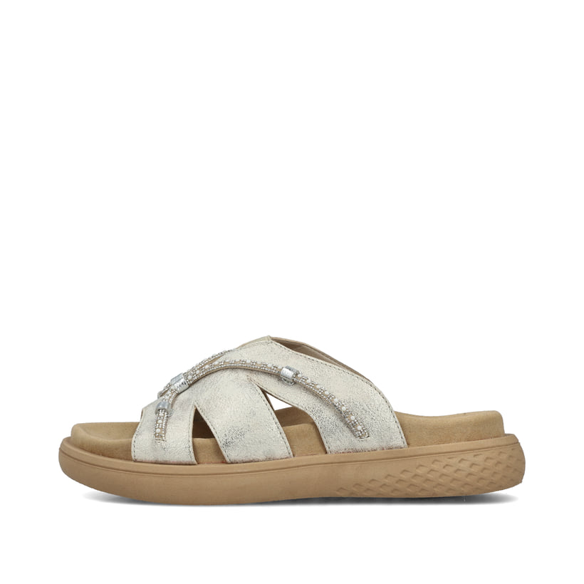 Beige Rieker Damen Pantoletten V1588-60 mit einem Gummizug sowie griffiger Sohle. Schuh Außenseite.