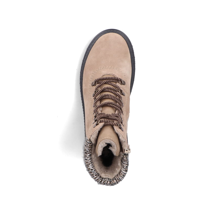 Beige-schwarze Rieker Damen Schnürstiefel X8233-64 aus Rauleder. Schuh von oben.