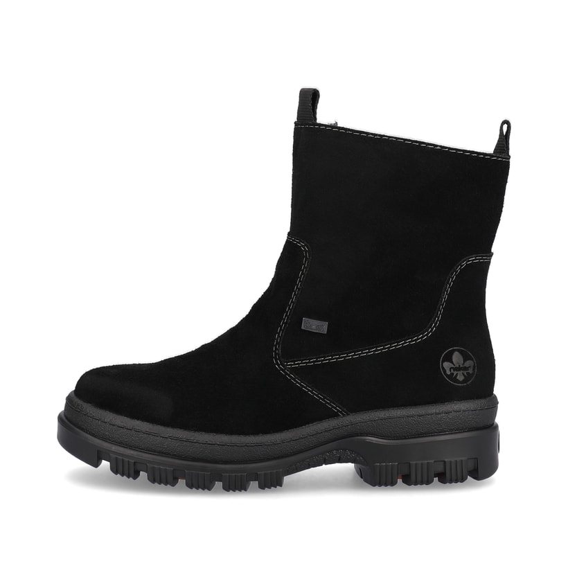 Tiefschwarze Rieker Damen Kurzstiefel X8250-00 mit Flip-Grip Sohle. Schuh Außenseite.