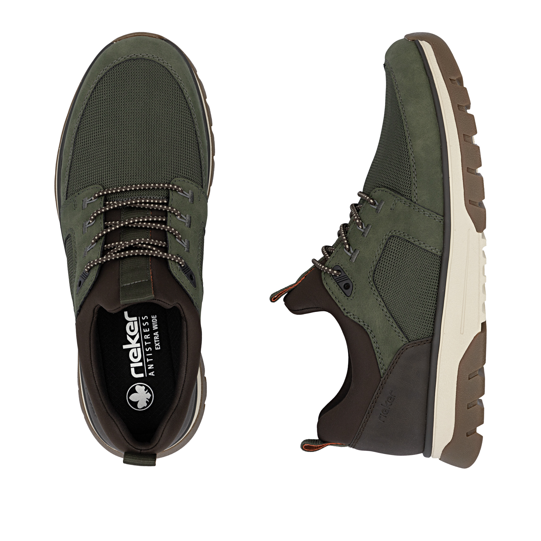 Grünbraune Rieker Herren Slipper B9351-54 mit einem Gummizug sowie Extraweite H. Schuh von oben, liegend.