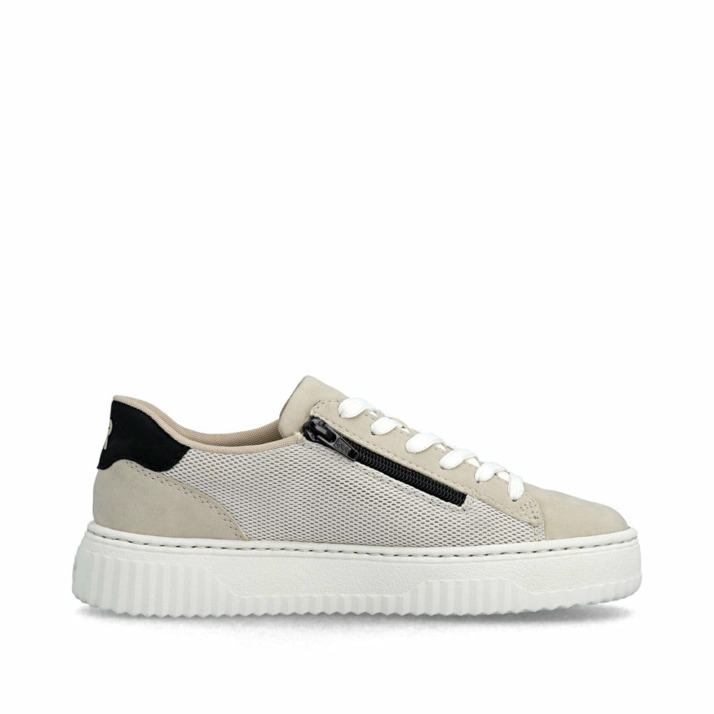 Beigeschwarze Rieker Damen Sneaker Low N9900-60 mit einem Reißverschluss. Schuh Innenseite.