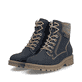 Dunkelblaue Rieker Damen Biker Boots 73220-14 mit wasserabweisender TEX-Membran. Schuhpaar seitlich schräg.
