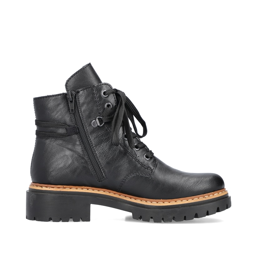 Nachtschwarze Rieker Damen Biker Boots 72603-00 mit Schnürung und Reißverschluss. Schuh Innenseite
