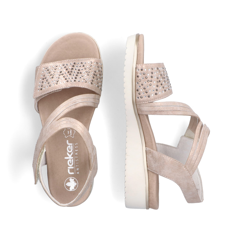Rosane Rieker Keilsandaletten V3764-90 mit einem Klettverschluss. Schuh von oben, liegend.