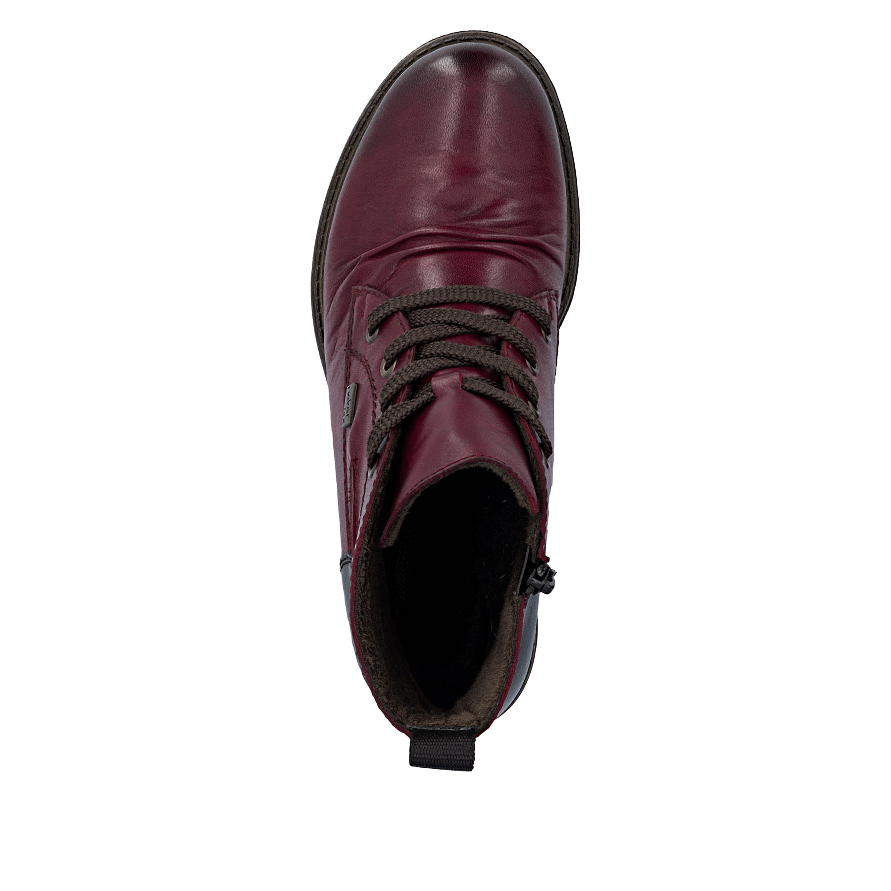 Weinrote Rieker Damen Kurzstiefel 74804-35 aus Glattleder. Schuh von oben.