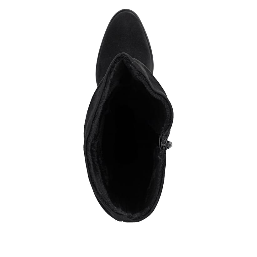 Schwarze Rieker Damen Hochschaftstiefel 74192-00 mit gerafftem Schaft. Schuh von oben.