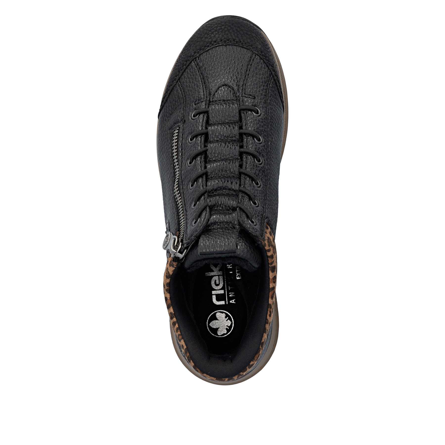 Schwarze Rieker Damen Kurzstiefel N1457-00 mit Ready2GO Schnell-Anziehfunktion. Schuh von oben.