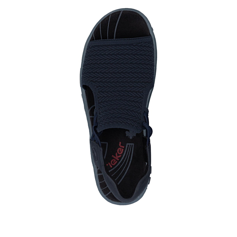 Blaue Rieker Damen Sandalen 68884-14 mit Gummizug sowie der schmalen Passform E. Schuh von oben.