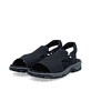 Blaue Rieker Damen Sandalen 68884-14 mit Gummizug sowie der schmalen Passform E. Schuhpaar seitlich schräg.