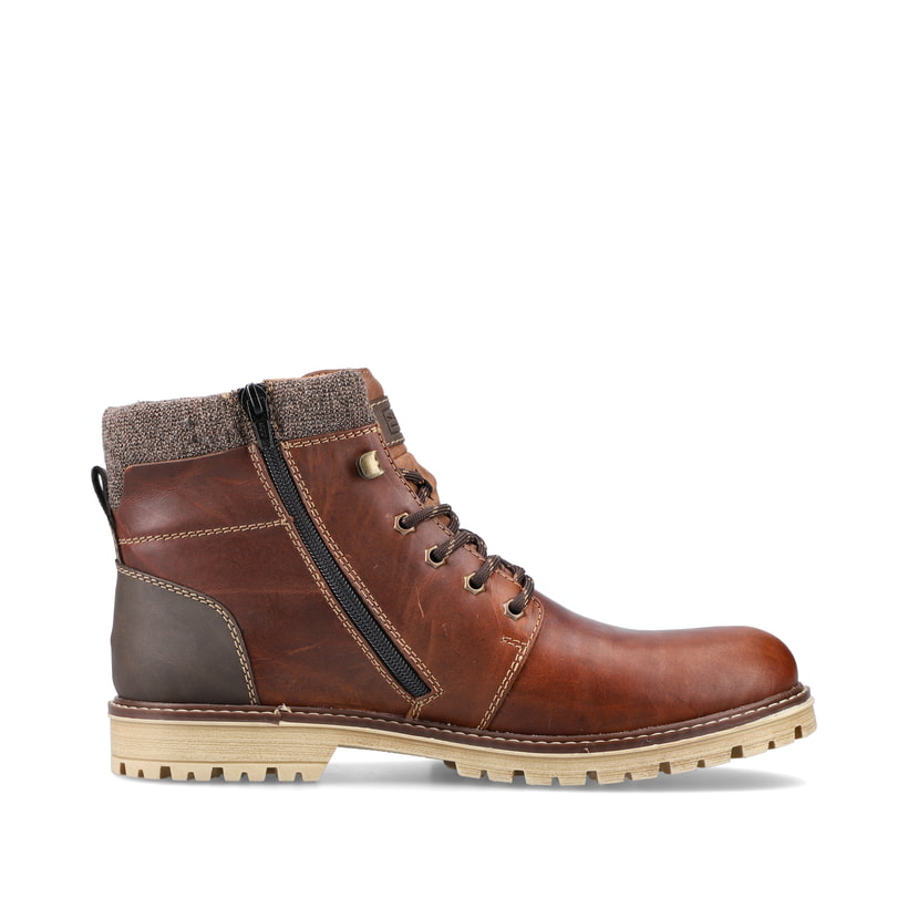 Kastanienbraune Rieker Herren Schnürstiefel F3641-23 mit einer robusten Profilsohle. Schuh Innenseite