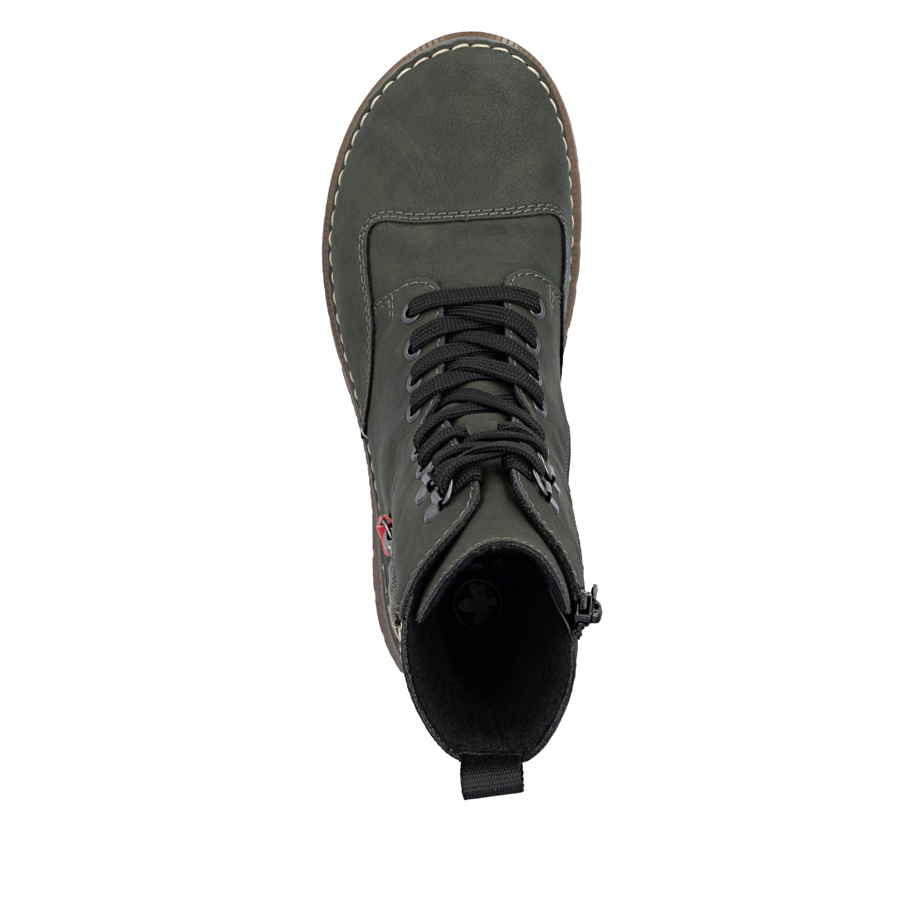 Dunkelgrün-beige Rieker Damen Schnürstiefel 53601-54 mit Deko-Reißverschluss. Schuh von oben.