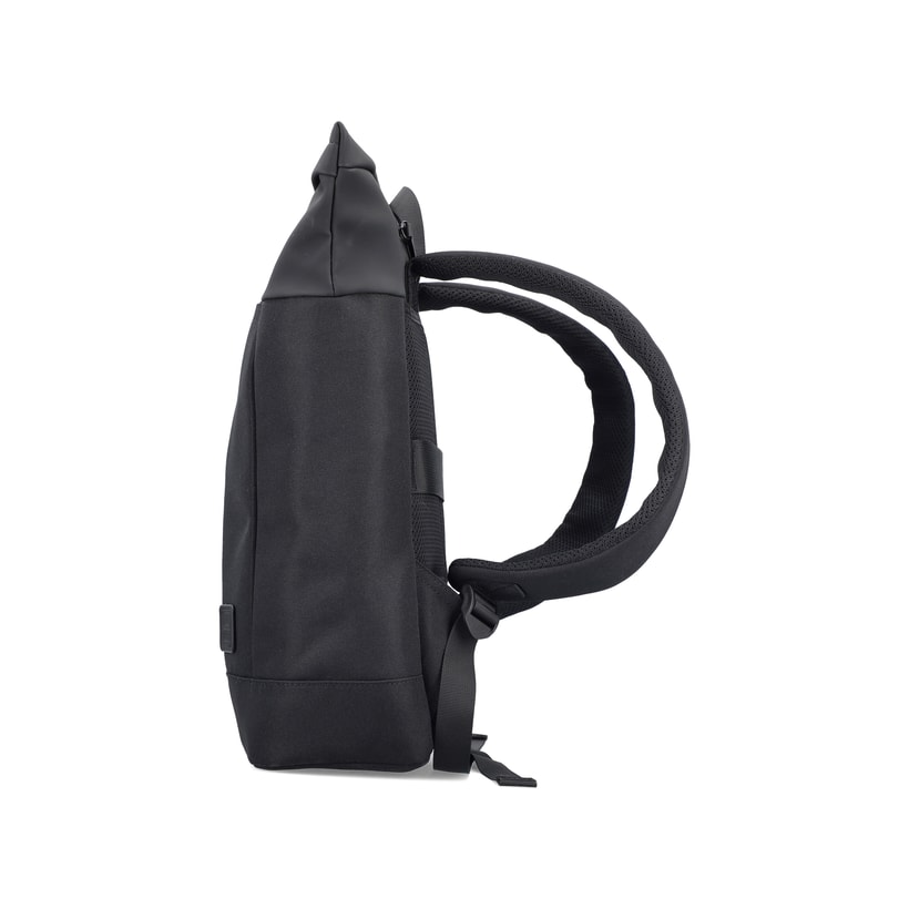 Sac à dos Rieker H5101-02 noir avec fermeture éclair, compartiment rembourré pour ordinateur portable et bretelles ajustable. Côté gauche.