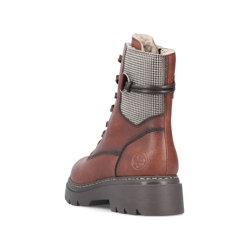 Braune Rieker Damen Biker Boots 76724-25 mit gemustertem Schaft. Schuh von hinten.