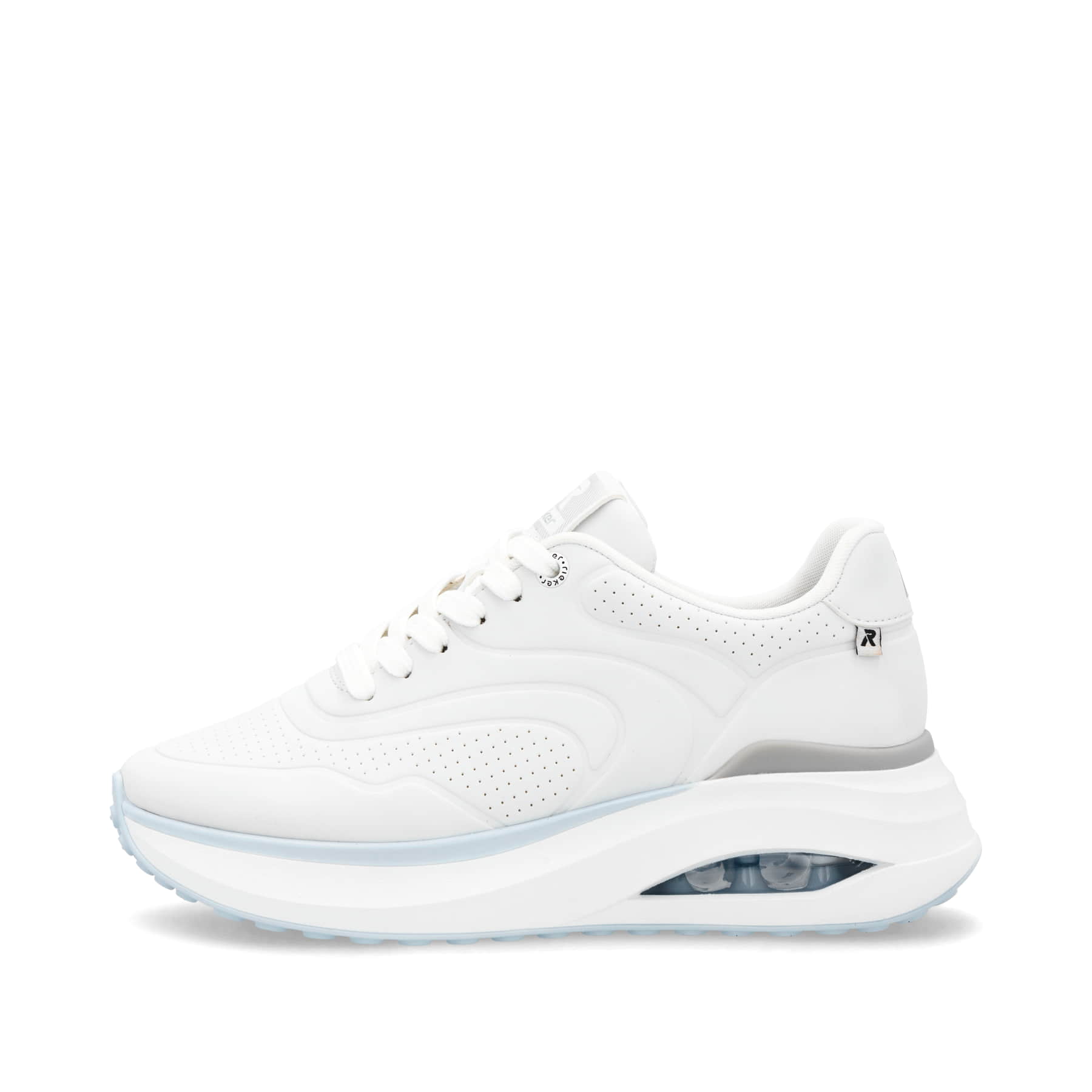 Weiße vegane Rieker Damen Sneaker Low W2700-80 mit einer Schnürung. Schuh Außenseite.