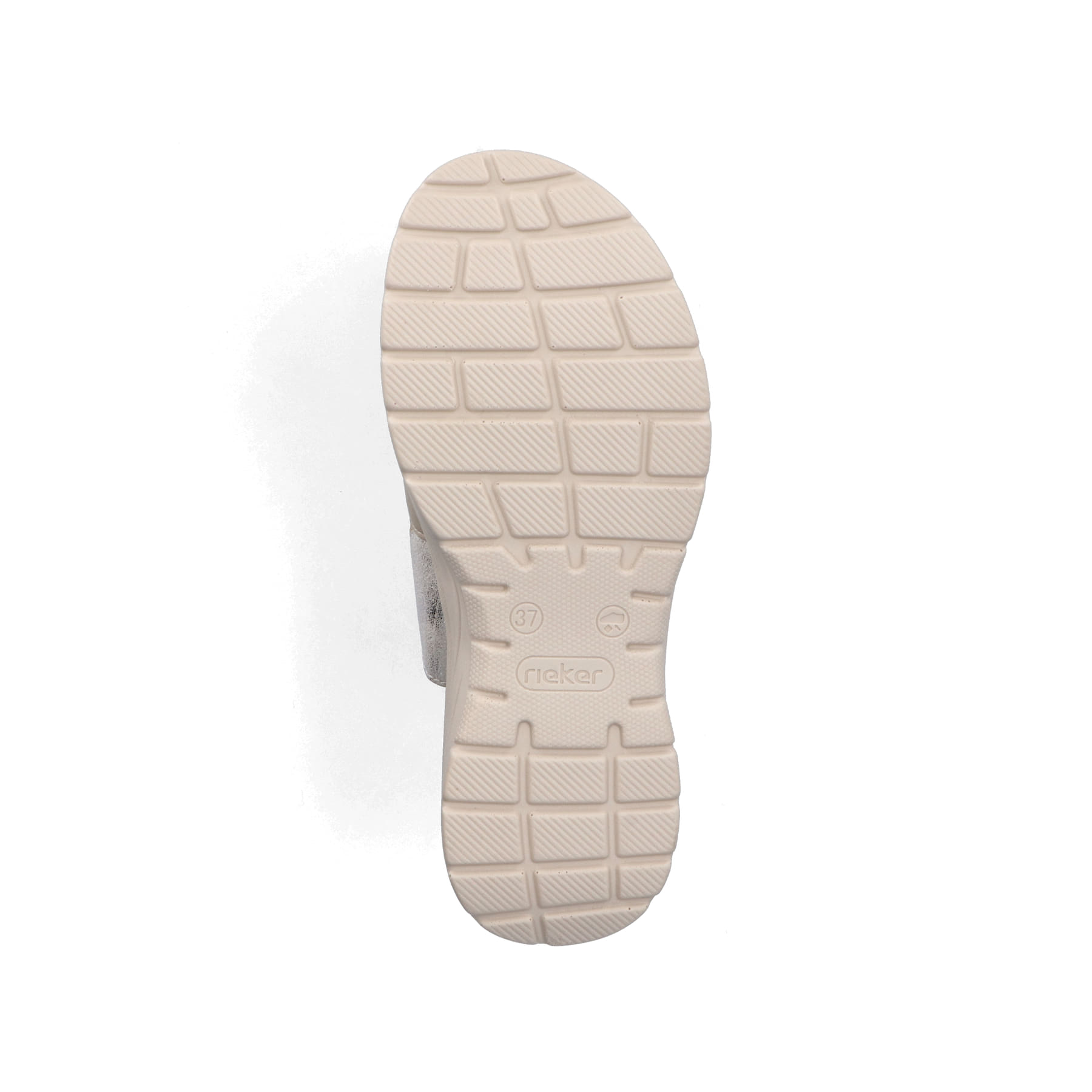 Beige Rieker Damen Pantoletten V8583-90 mit einem Klettverschluss. Schuh Laufsohle.