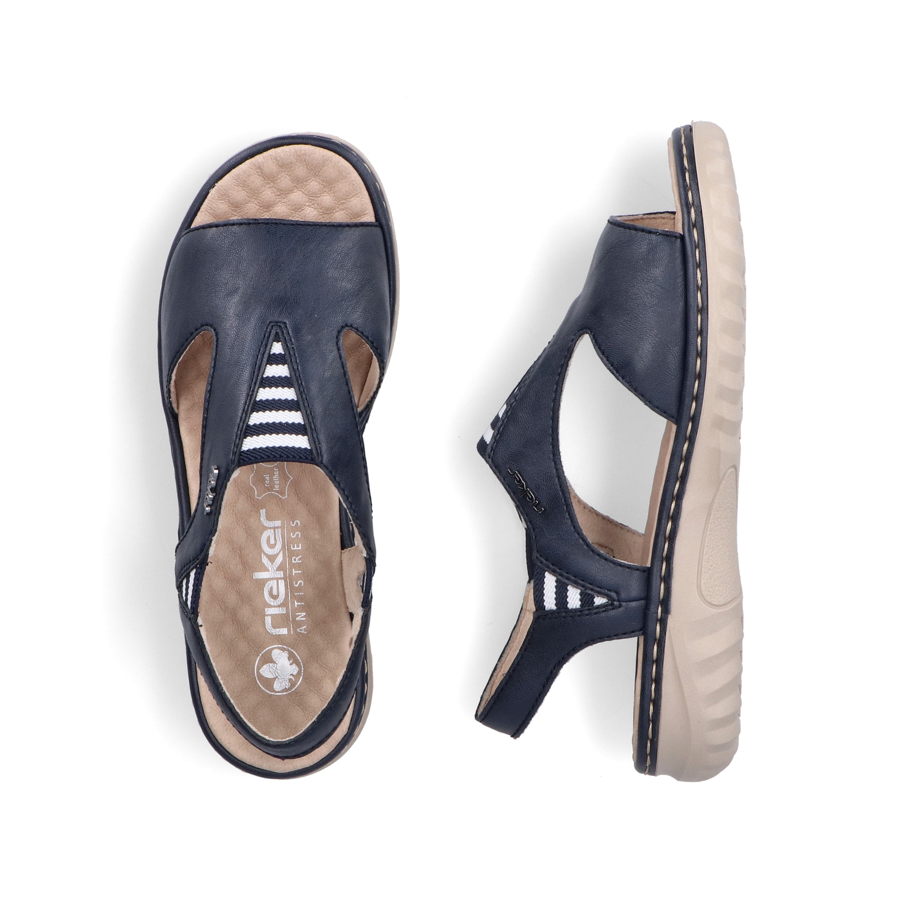 Sandales à lanières Rieker bleues femme 60466-15 avec bande élastique. Chaussure vue de dessus, couchée.
