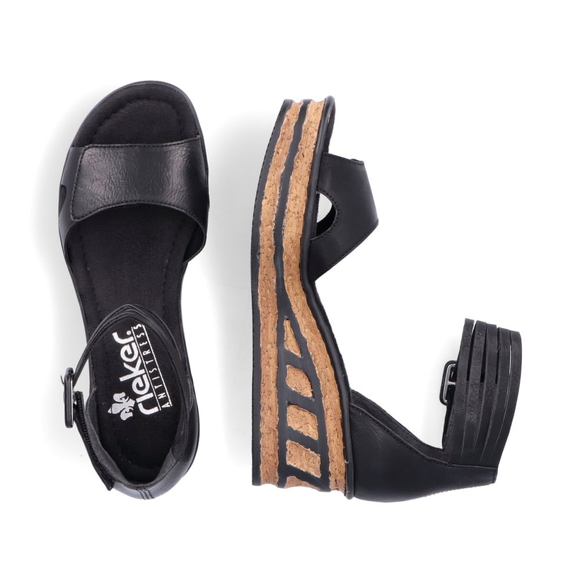Schwarze Rieker Keilsandaletten 68194-00 mit trendiger Schnalle. Schuh von oben, liegend.