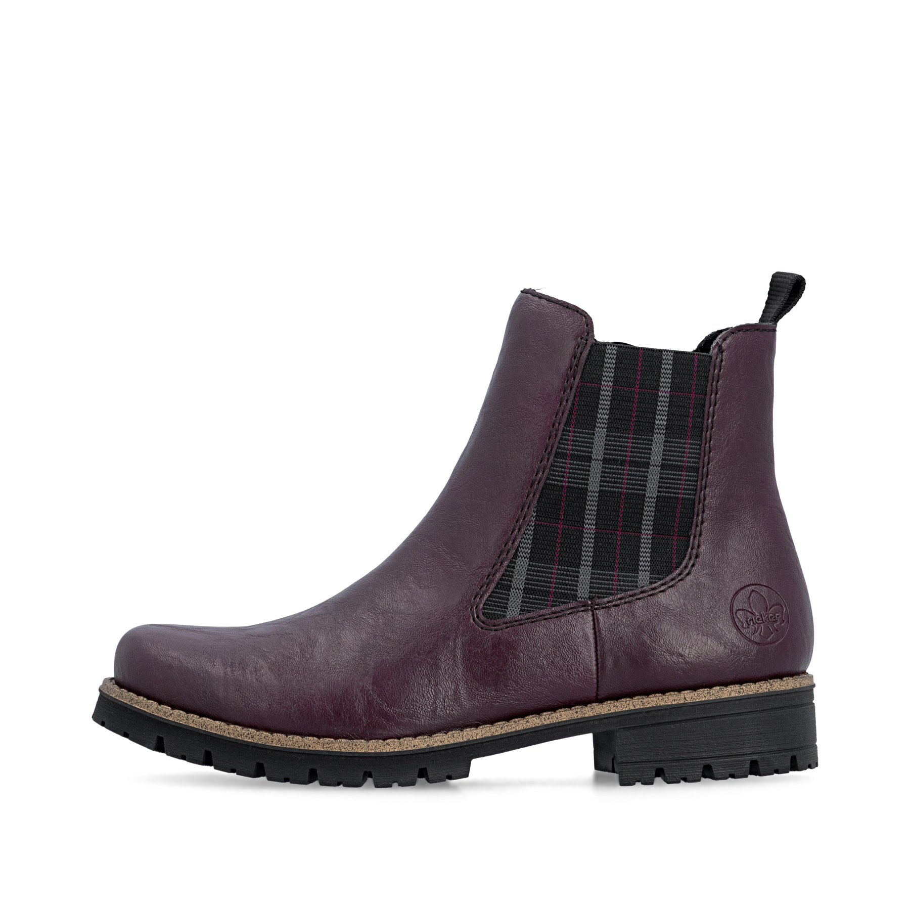 Brombeer-schwarze Rieker Damen Chelsea Boots 79592-30 mit einem Reißverschluss. Schuh Außenseite.