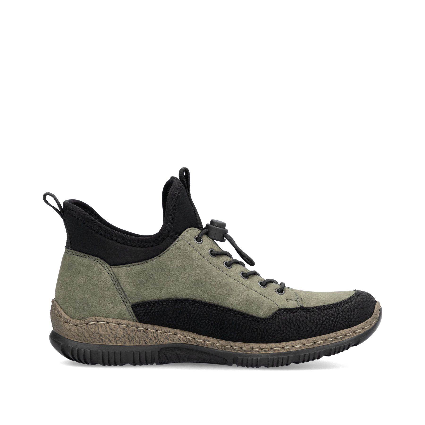 Kaktusgrüne Rieker Damen Slipper N32G3-54 mit einer Gummischnürung. Schuh Innenseite.