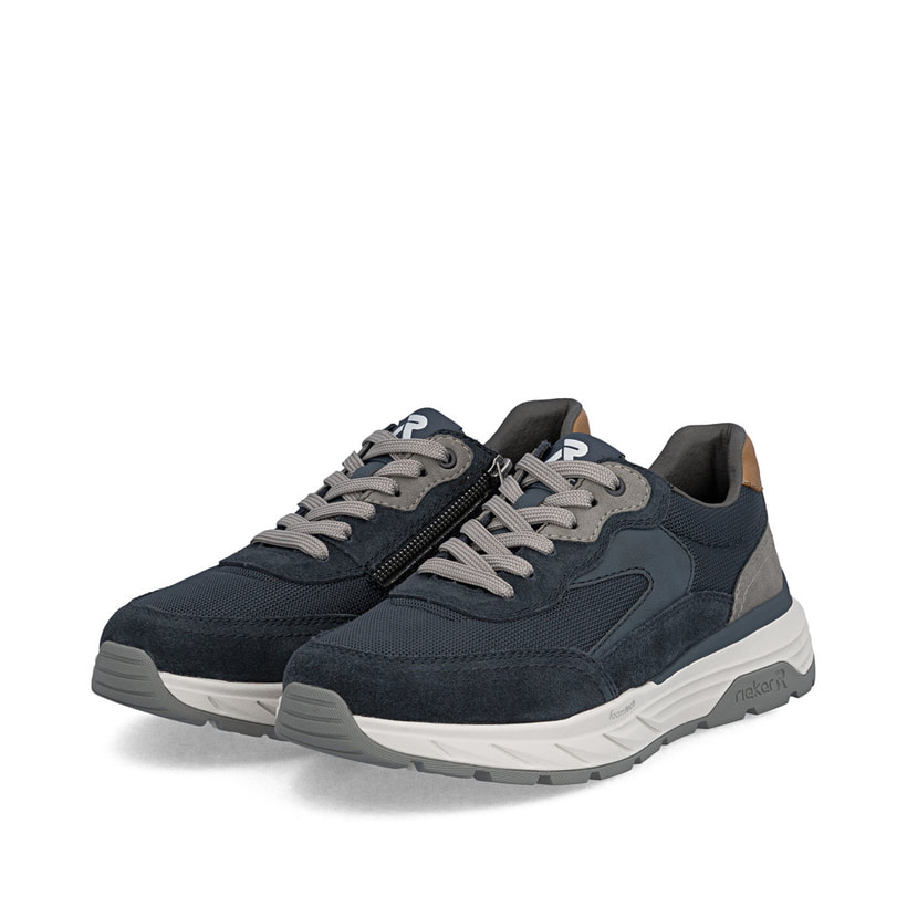 Blaugraue Rieker Herren Sneaker Low 06100-15 mit einem Reißverschluss. Schuhpaar seitlich schräg.