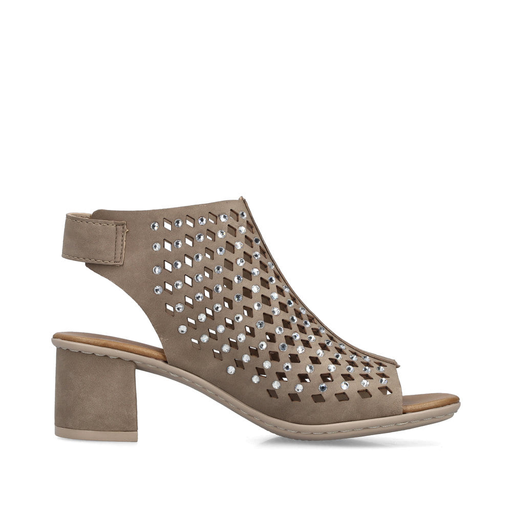 Beige Rieker Damen Sandaletten 64777-64 mit Strasssteinen sowie Klettverschluss. Schuh Innenseite.