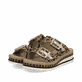 Mehrfarbige Rieker Damen Pantoletten V7955-90 aus Rauleder. Schuhpaar seitlich schräg.