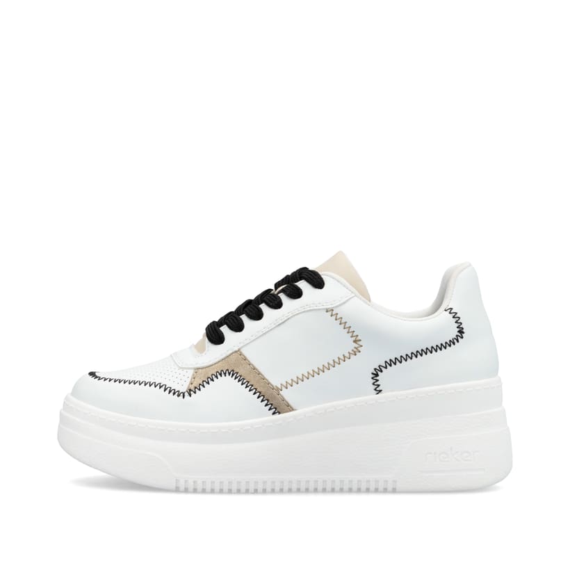 Weiße Rieker Damen Sneaker Low M7813-80 mit modernen Ziernähten sowie Schnürung. Schuh Außenseite.