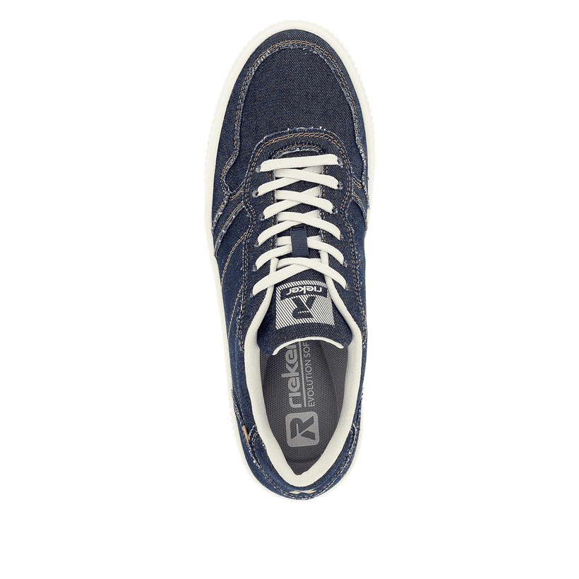 Baskets basses Rieker bleues pour femmes W0706-14 avec lacets et coutures décoratives. Vue d’en haut.