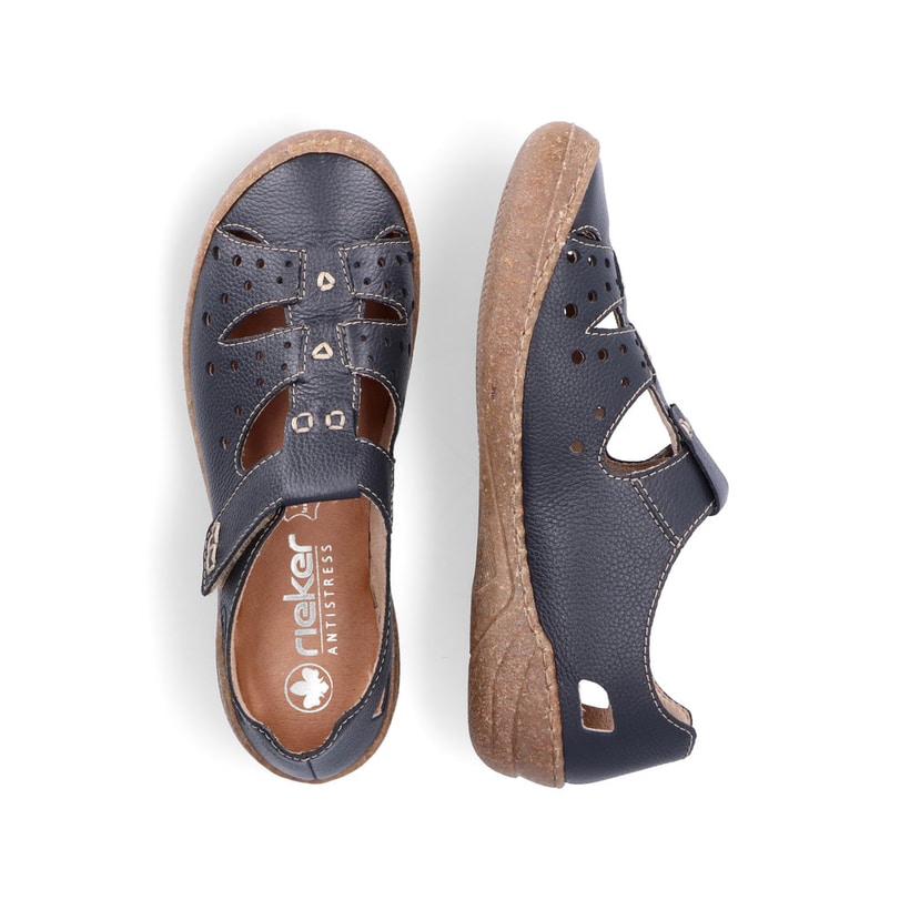 Chaussons Rieker bleus pour femme 54555-14 avec fermeture velcro. Chaussure vue de dessus, couchée.