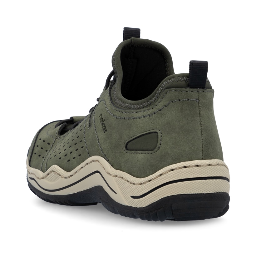 Grüne Rieker Damen Slipper L0574-54 mit einem Gummizug. Schuh von hinten.