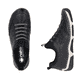 Schwarze Rieker Damen Slipper 55952-00 mit einem Gummizug. Schuh von oben, liegend.