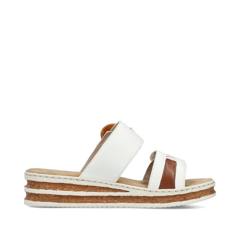 Weiße Rieker Damen Pantoletten 62993-80 mit modischen Flechtelementen. Schuh Innenseite.