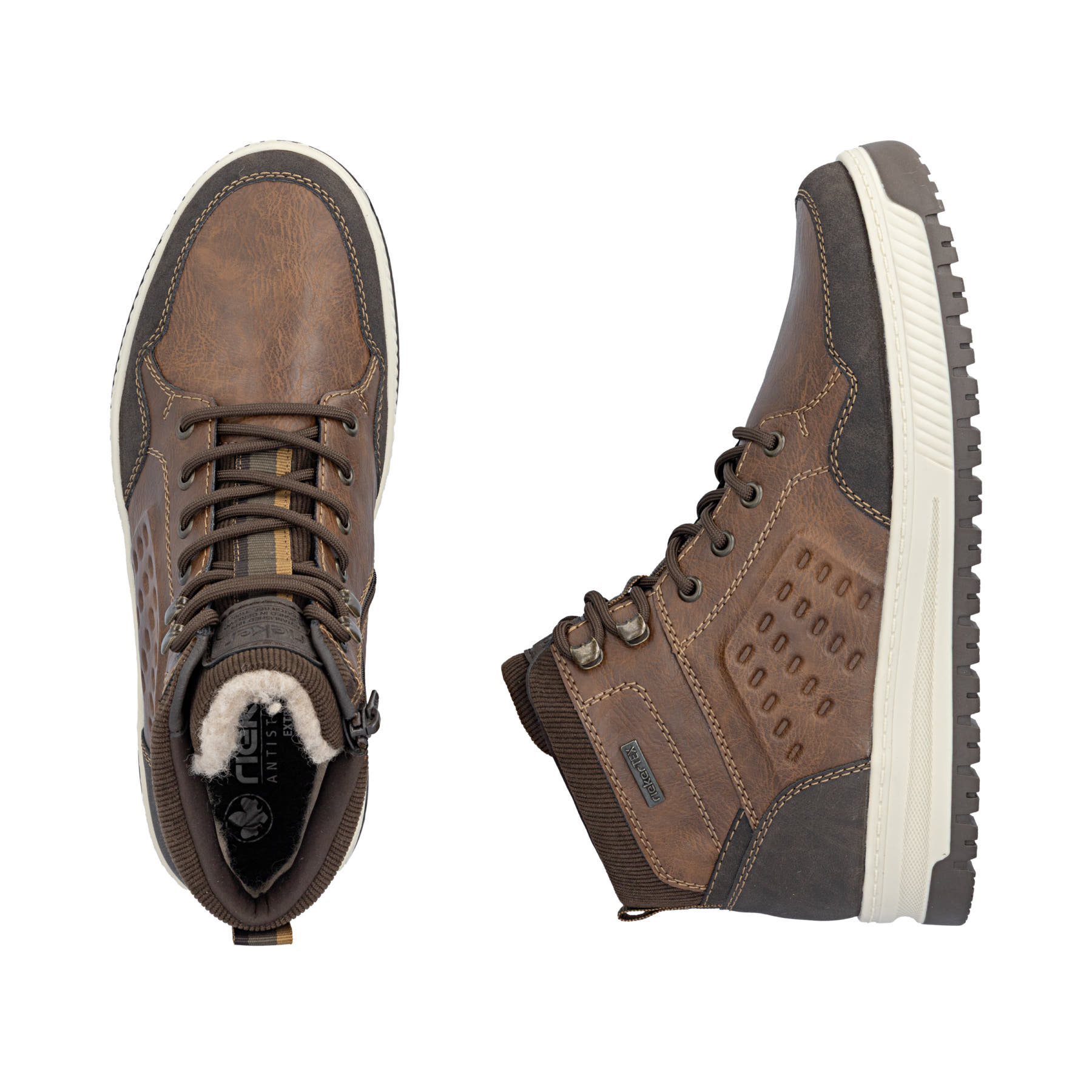 Braune Rieker Herren Schnürstiefel 38504-25 mit wasserabweisender TEX-Membran. Schuh von oben, liegend.