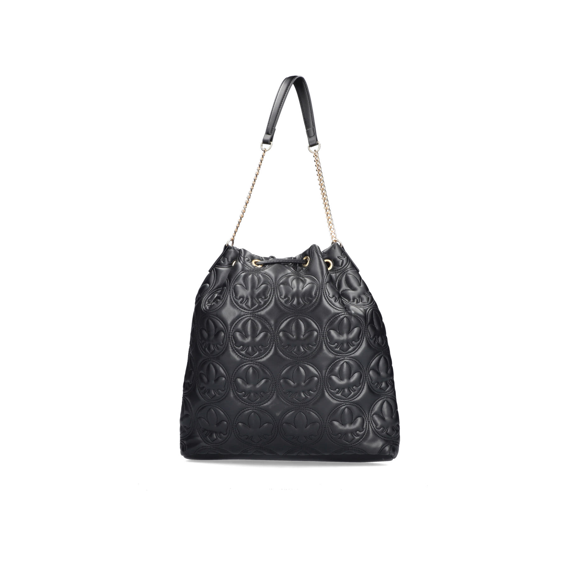 Sac bandoulière Rieker H1023-00 en noir à resserrer avec une chaîne dorée en tant que bandoulière. Côté gauche.