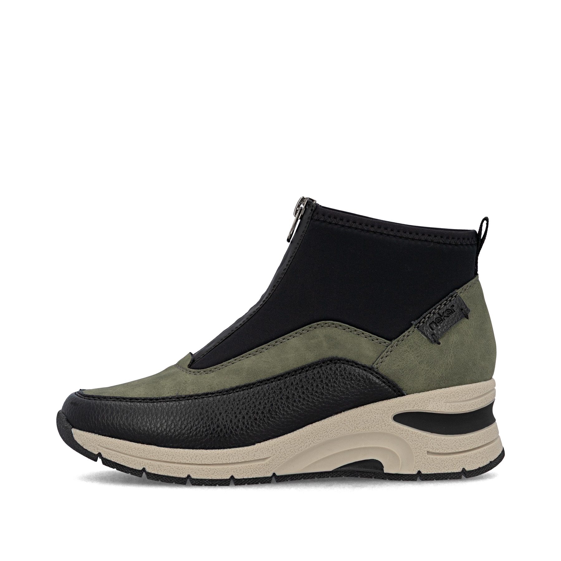 Baskets montantes Rieker vertes pour femme N9362-54 avec fermeture éclair. Côté extérieur de la chaussure.