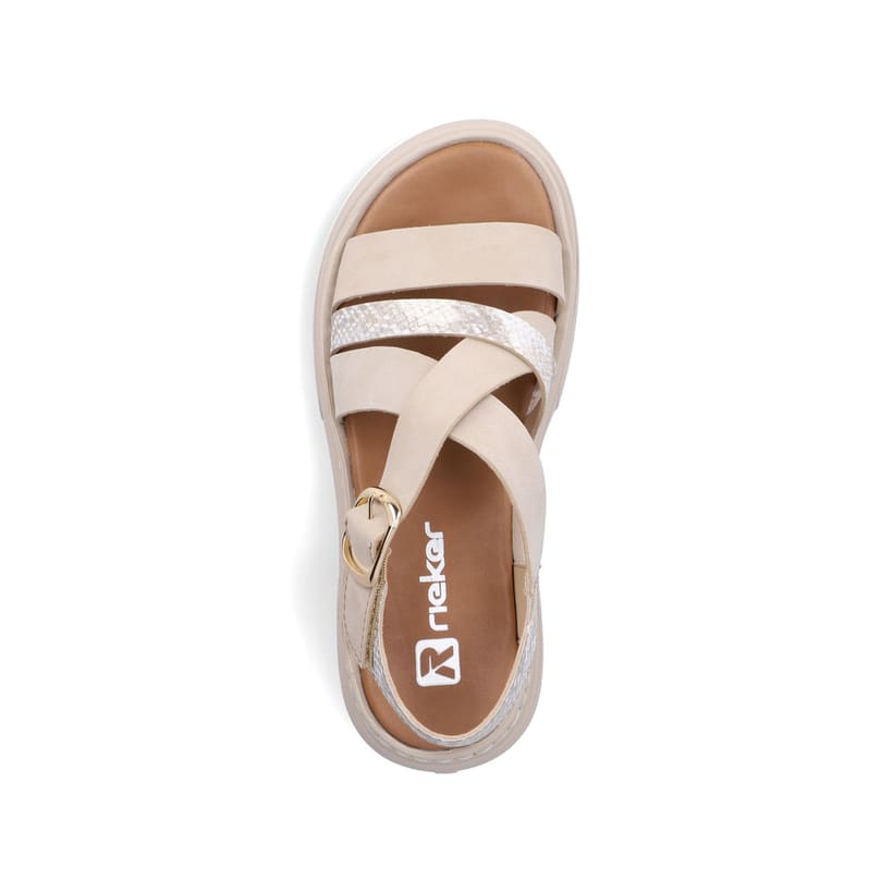 Beige Rieker Damen Riemchensandalen V3063-62 mit trendiger Schnalle. Schuh von oben.