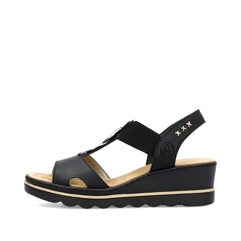 Schwarze Rieker Keilsandaletten 67498-00 mit Gummizug sowie sehr leichter Sohle. Schuh Außenseite.