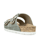 Grüne Rieker Damen Pantoletten 69850-52 mit Schnallen sowie einer leichten Sohle. Schuh von hinten.