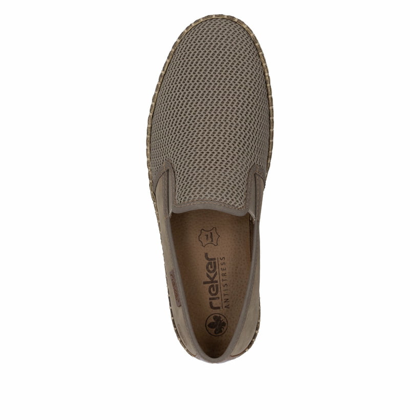 Beige Rieker Herren Slipper B5265-65 mit einem Gummizug sowie Komfortweite G 1/2. Schuh von oben.