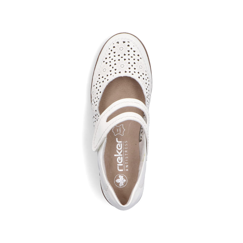 Weiße Rieker Ballerinas 47675-80 mit modernen Ziernähten sowie Klettverschluss. Schuh von oben.